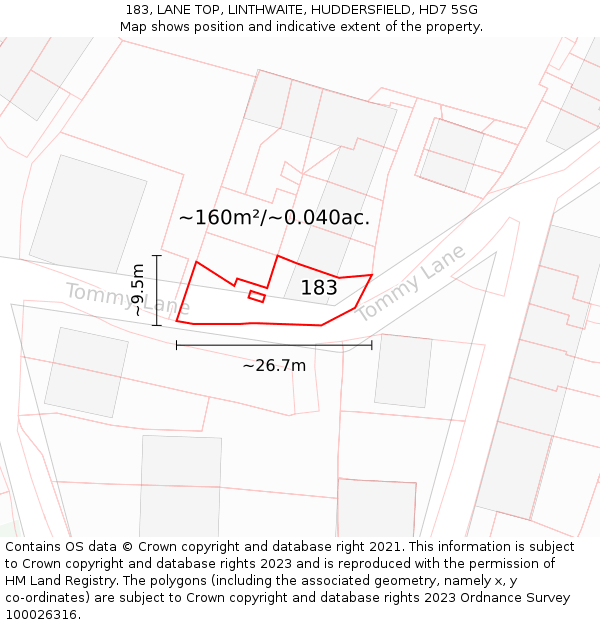 183, LANE TOP, LINTHWAITE, HUDDERSFIELD, HD7 5SG: Plot and title map