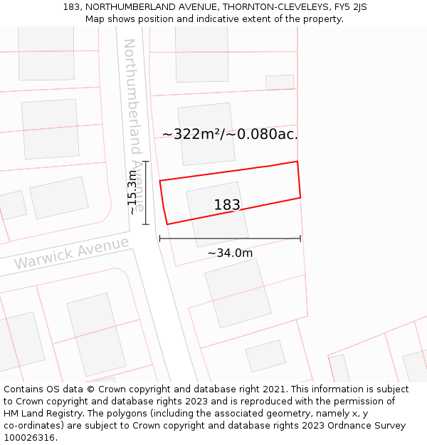 183, NORTHUMBERLAND AVENUE, THORNTON-CLEVELEYS, FY5 2JS: Plot and title map