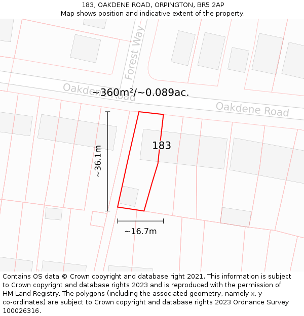 183, OAKDENE ROAD, ORPINGTON, BR5 2AP: Plot and title map