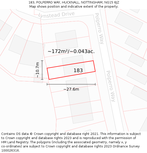 183, POLPERRO WAY, HUCKNALL, NOTTINGHAM, NG15 6JZ: Plot and title map