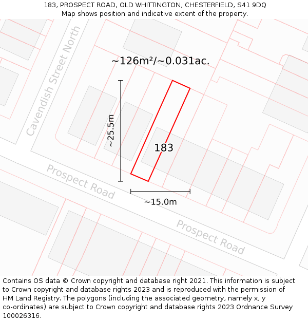 183, PROSPECT ROAD, OLD WHITTINGTON, CHESTERFIELD, S41 9DQ: Plot and title map