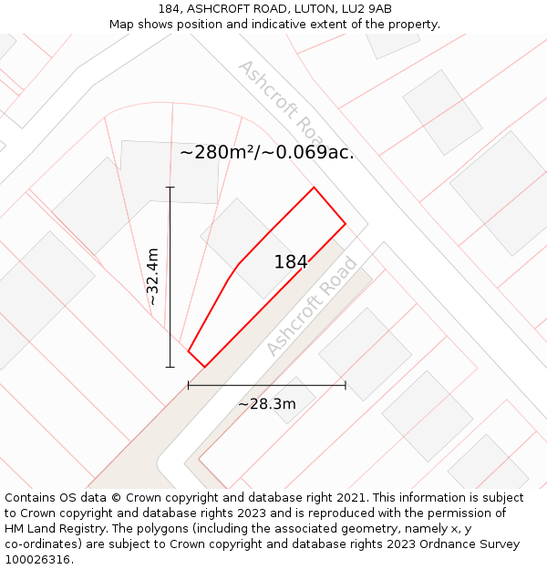 184, ASHCROFT ROAD, LUTON, LU2 9AB: Plot and title map