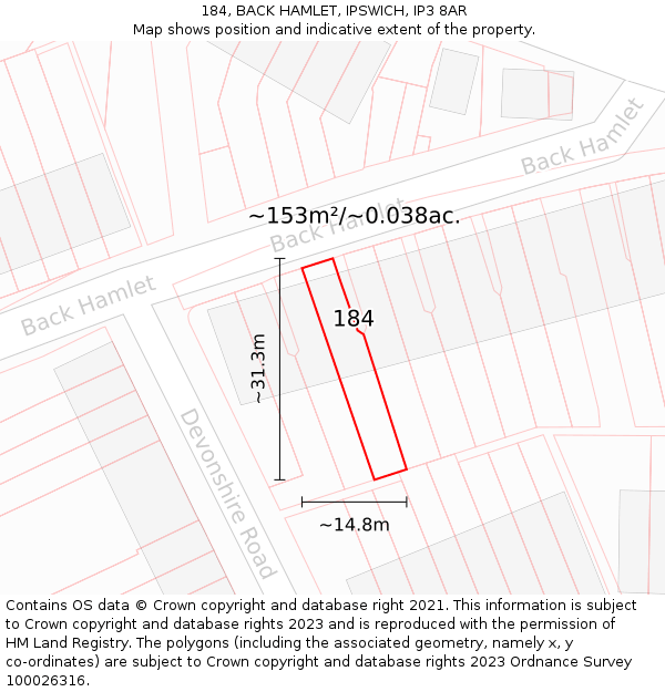 184, BACK HAMLET, IPSWICH, IP3 8AR: Plot and title map
