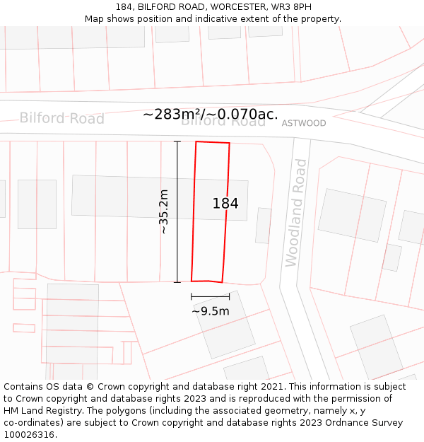 184, BILFORD ROAD, WORCESTER, WR3 8PH: Plot and title map