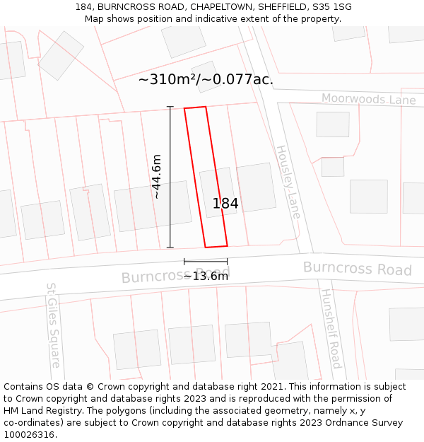 184, BURNCROSS ROAD, CHAPELTOWN, SHEFFIELD, S35 1SG: Plot and title map