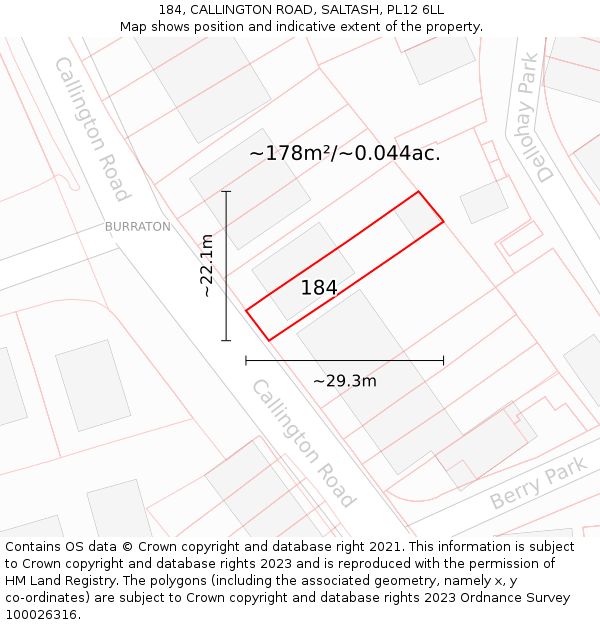 184, CALLINGTON ROAD, SALTASH, PL12 6LL: Plot and title map