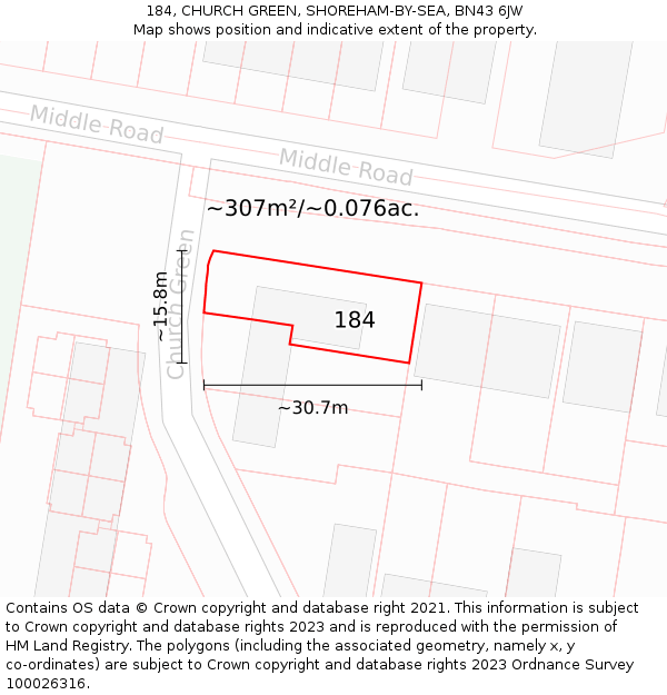 184, CHURCH GREEN, SHOREHAM-BY-SEA, BN43 6JW: Plot and title map