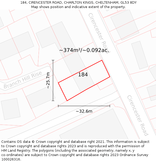 184, CIRENCESTER ROAD, CHARLTON KINGS, CHELTENHAM, GL53 8DY: Plot and title map