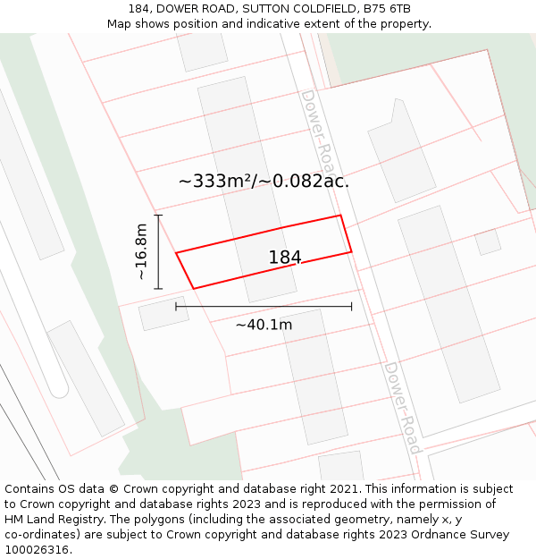184, DOWER ROAD, SUTTON COLDFIELD, B75 6TB: Plot and title map