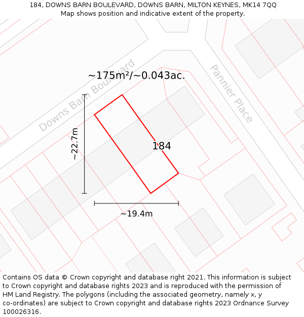 184, DOWNS BARN BOULEVARD, DOWNS BARN, MILTON KEYNES, MK14 7QQ: Plot and title map