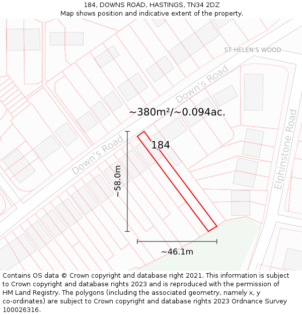 184, DOWNS ROAD, HASTINGS, TN34 2DZ: Plot and title map