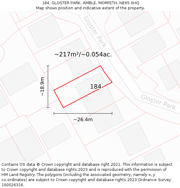 184, GLOSTER PARK, AMBLE, MORPETH, NE65 0HQ: Plot and title map