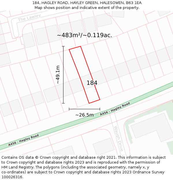 184, HAGLEY ROAD, HAYLEY GREEN, HALESOWEN, B63 1EA: Plot and title map