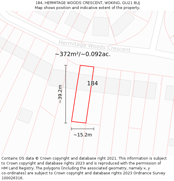 184, HERMITAGE WOODS CRESCENT, WOKING, GU21 8UJ: Plot and title map