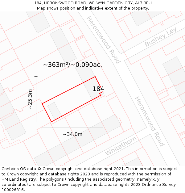 184, HERONSWOOD ROAD, WELWYN GARDEN CITY, AL7 3EU: Plot and title map