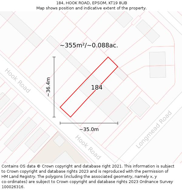 184, HOOK ROAD, EPSOM, KT19 8UB: Plot and title map