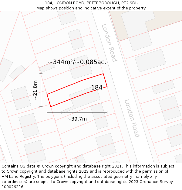 184, LONDON ROAD, PETERBOROUGH, PE2 9DU: Plot and title map