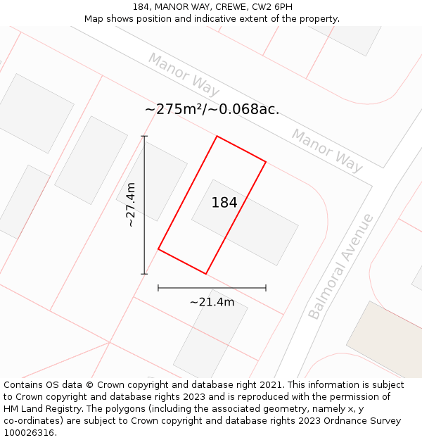 184, MANOR WAY, CREWE, CW2 6PH: Plot and title map