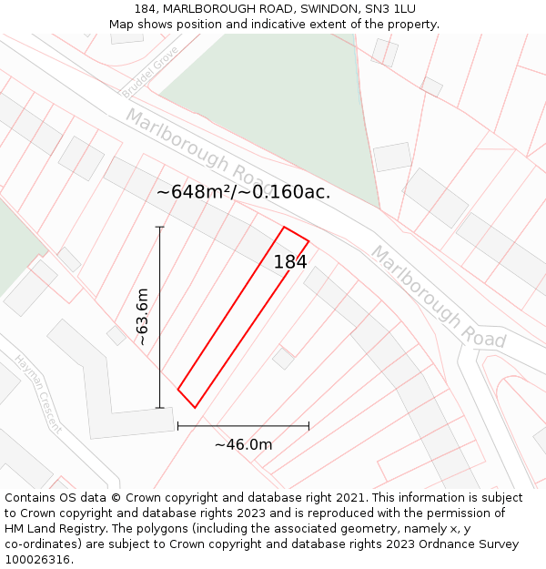 184, MARLBOROUGH ROAD, SWINDON, SN3 1LU: Plot and title map