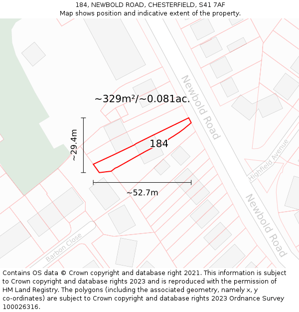 184, NEWBOLD ROAD, CHESTERFIELD, S41 7AF: Plot and title map