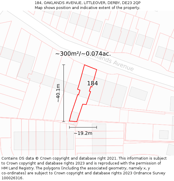 184, OAKLANDS AVENUE, LITTLEOVER, DERBY, DE23 2QP: Plot and title map
