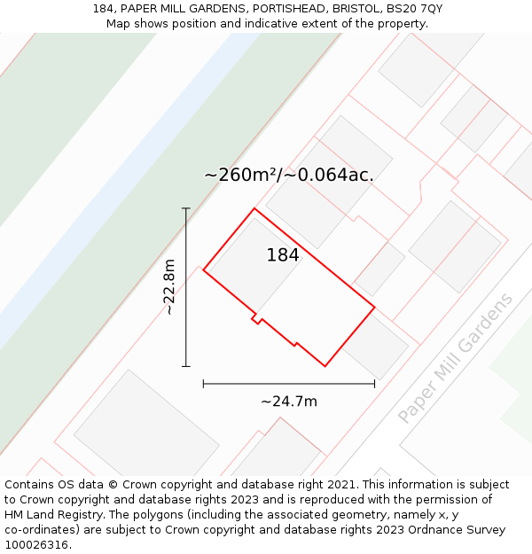 184, PAPER MILL GARDENS, PORTISHEAD, BRISTOL, BS20 7QY: Plot and title map