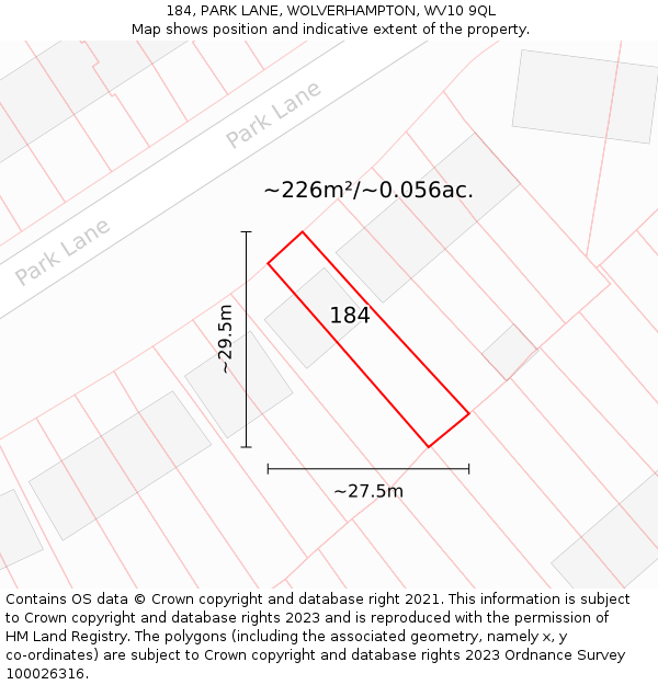 184, PARK LANE, WOLVERHAMPTON, WV10 9QL: Plot and title map
