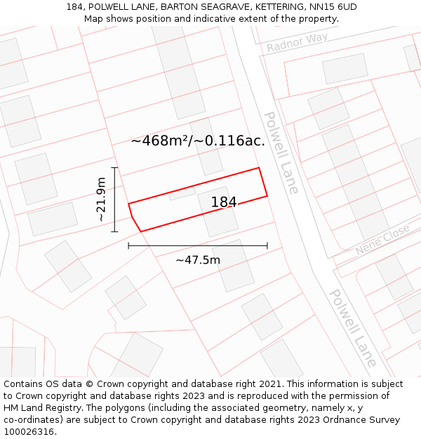 184, POLWELL LANE, BARTON SEAGRAVE, KETTERING, NN15 6UD: Plot and title map