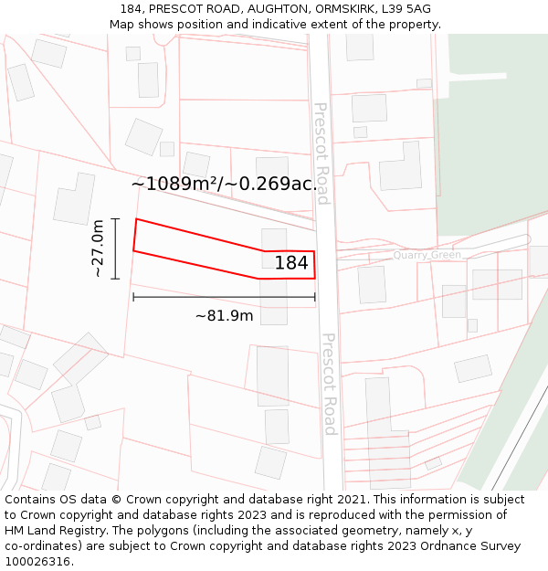 184, PRESCOT ROAD, AUGHTON, ORMSKIRK, L39 5AG: Plot and title map