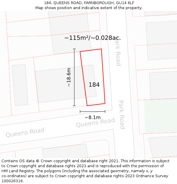 184, QUEENS ROAD, FARNBOROUGH, GU14 6LF: Plot and title map