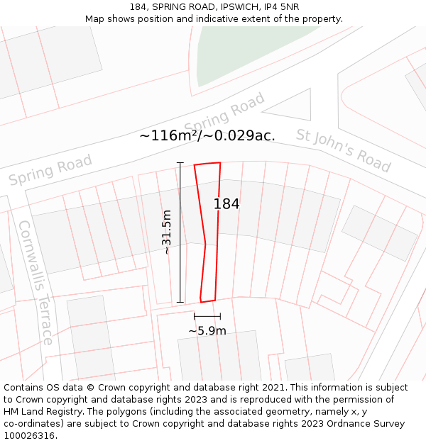 184, SPRING ROAD, IPSWICH, IP4 5NR: Plot and title map