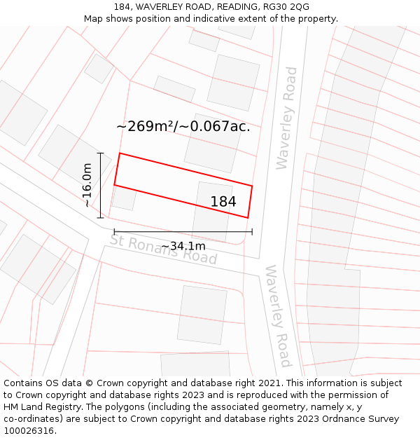 184, WAVERLEY ROAD, READING, RG30 2QG: Plot and title map