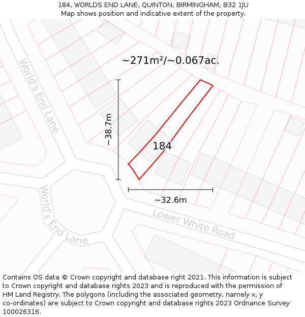 184, WORLDS END LANE, QUINTON, BIRMINGHAM, B32 1JU: Plot and title map