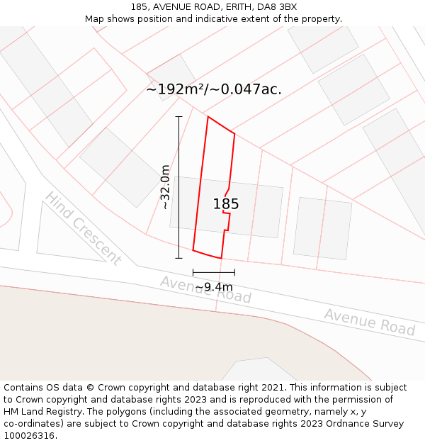 185, AVENUE ROAD, ERITH, DA8 3BX: Plot and title map