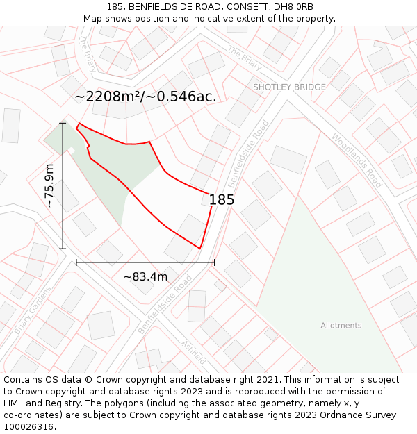 185, BENFIELDSIDE ROAD, CONSETT, DH8 0RB: Plot and title map