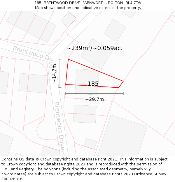 185, BRENTWOOD DRIVE, FARNWORTH, BOLTON, BL4 7TW: Plot and title map