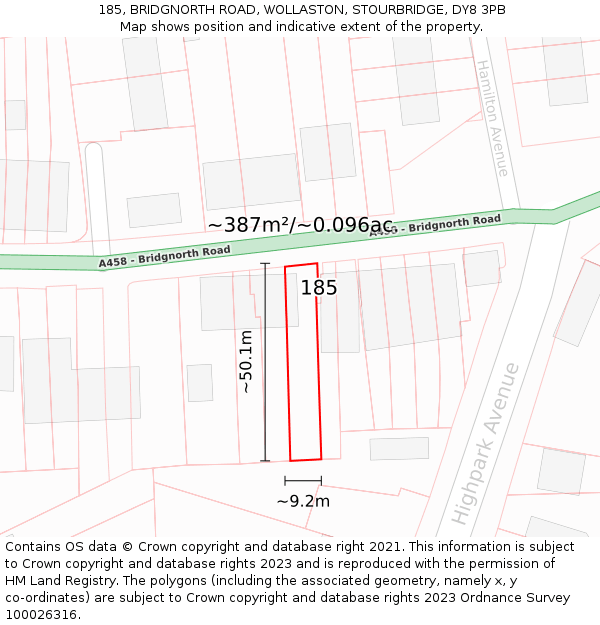 185, BRIDGNORTH ROAD, WOLLASTON, STOURBRIDGE, DY8 3PB: Plot and title map