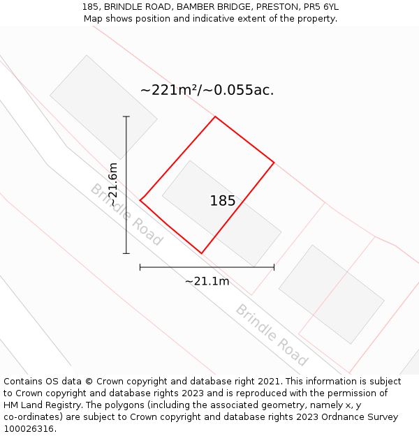 185, BRINDLE ROAD, BAMBER BRIDGE, PRESTON, PR5 6YL: Plot and title map