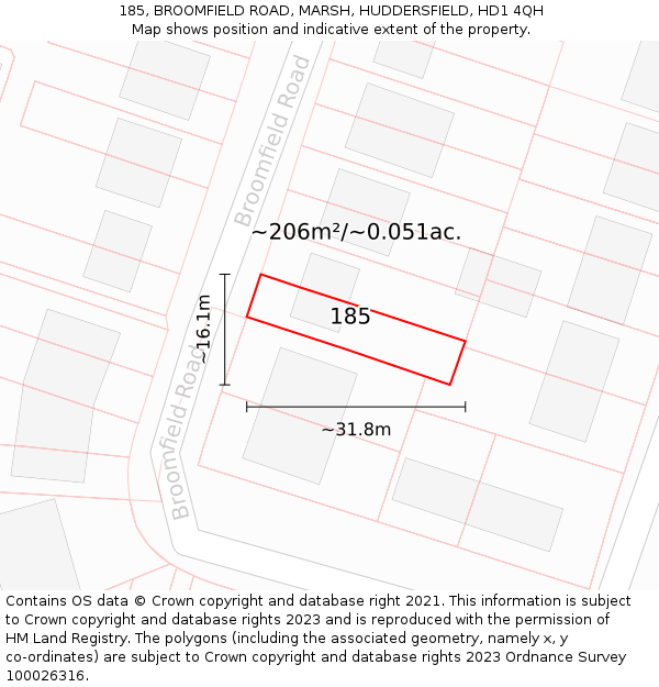 185, BROOMFIELD ROAD, MARSH, HUDDERSFIELD, HD1 4QH: Plot and title map