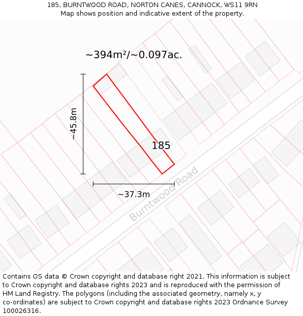 185, BURNTWOOD ROAD, NORTON CANES, CANNOCK, WS11 9RN: Plot and title map