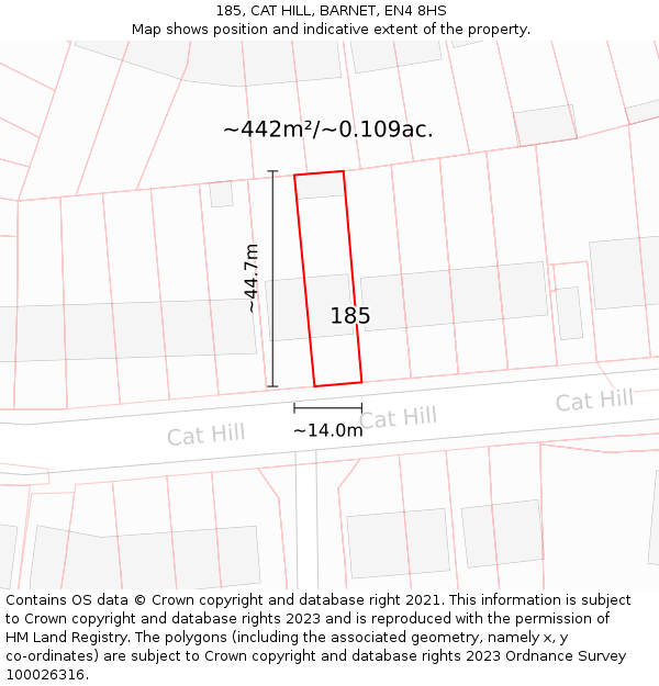 185, CAT HILL, BARNET, EN4 8HS: Plot and title map