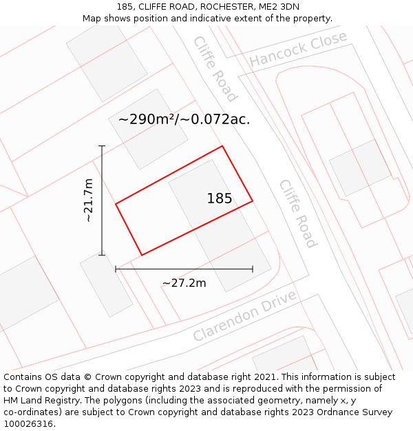 185, CLIFFE ROAD, ROCHESTER, ME2 3DN: Plot and title map