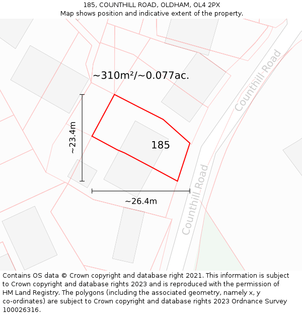 185, COUNTHILL ROAD, OLDHAM, OL4 2PX: Plot and title map