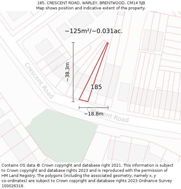 185, CRESCENT ROAD, WARLEY, BRENTWOOD, CM14 5JB: Plot and title map