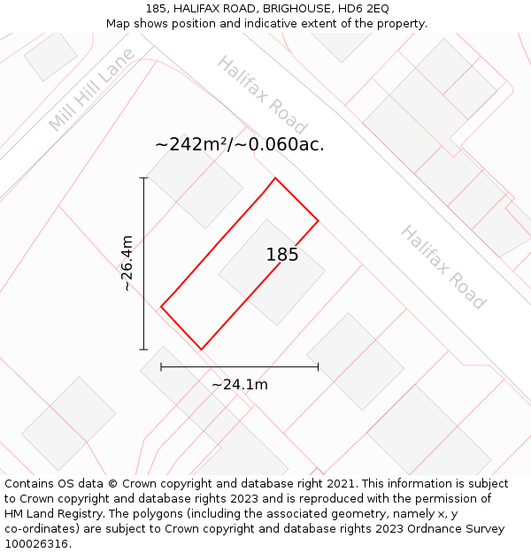 185, HALIFAX ROAD, BRIGHOUSE, HD6 2EQ: Plot and title map