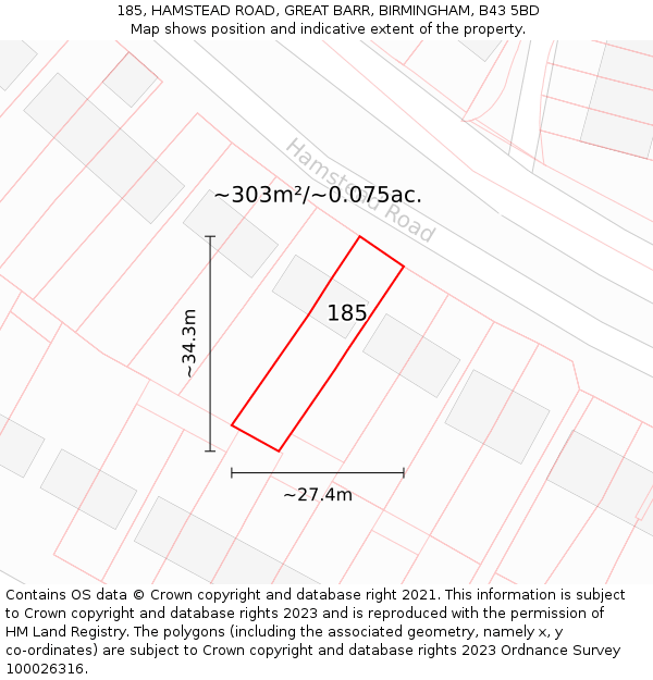 185, HAMSTEAD ROAD, GREAT BARR, BIRMINGHAM, B43 5BD: Plot and title map