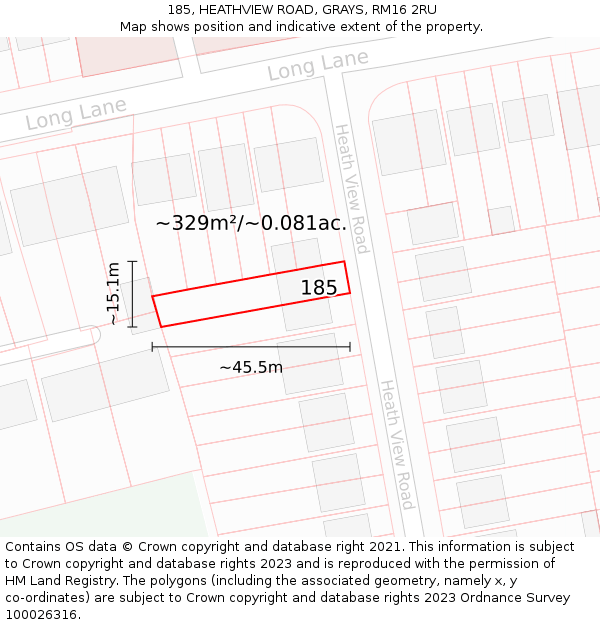 185, HEATHVIEW ROAD, GRAYS, RM16 2RU: Plot and title map
