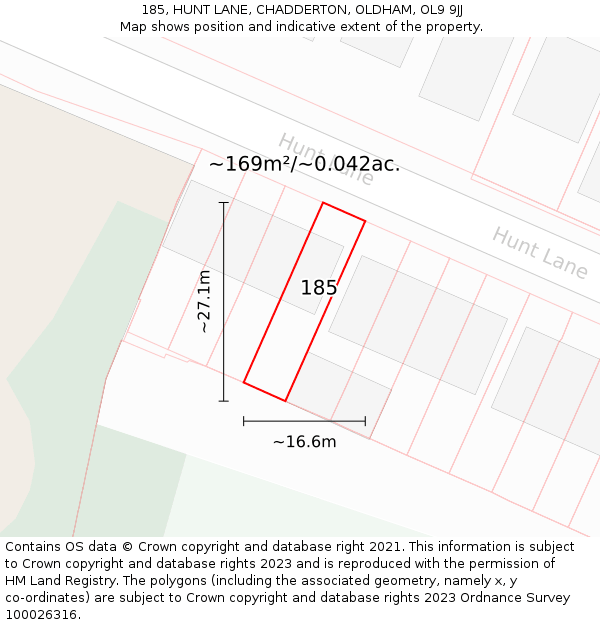 185, HUNT LANE, CHADDERTON, OLDHAM, OL9 9JJ: Plot and title map