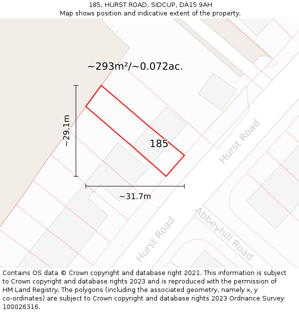 185, HURST ROAD, SIDCUP, DA15 9AH: Plot and title map