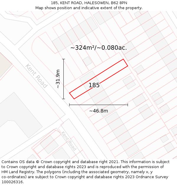 185, KENT ROAD, HALESOWEN, B62 8PN: Plot and title map